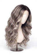 Body Wave Glueless Human Hair Wig in Shade T5-5/55 Ash Halo, Rooted Ash Brown with Light Ash Blonde Highlights, by Kora Strand