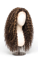 Deep Curl Glueless Human Hair Wig in Shade 4/27 Riviera Brun, Medium Brown and Honey Blonde Highlights and Lowlights, by Kora Strand