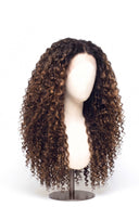 Deep Curl Glueless Human Hair Wig in Shade T2-2/4/6 Brun Tissé, Multi-Tonal Brunette Highlights and Lowlights, by Kora Strand