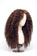 Deep Curl Layered Glueless Human Hair Wig in Shade 4/30 Toasted Amber, Medium Brown and Auburn Copper Highlights and Lowlights, by Kora Strand