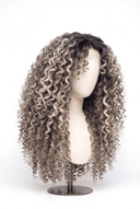 Deep Curl Layered Glueless Human Hair Wig in Shade T5-5/55 Ash Halo, Rooted Ash Brown with Light Ash Blonde Highlights, by Kora Strand