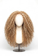 Kinky Curly Glueless Human Hair Wig in Shade 613/27 Golden Cream, Light and Honey Blonde Highlights and Lowlights, by Kora Strand