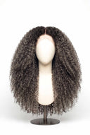 Kinky Curly Glueless Human Hair Wig in Shade T5-5/55 Ash Halo, Rooted Ash Brown with Light Ash Blonde Highlights, by Kora Strand