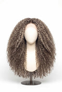 Kinky Curly Glueless Human Hair Wig in Shade T5-7/20 Mink Ash, Rooted Dark Ash Blonde Balayage Blend, by Kora Strand
