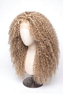 Kinky Curly Layered Glueless Human Hair Wig in Shade 18/22 Cream Oat, Beige and Vanilla Blonde Highlights and Lowlights, by Kora Strand