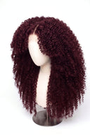 Kinky Curly Layered Glueless Human Hair Wig in Shade 99J Wine Ink, Deep Burgundy Wine Red, by Kora Strand