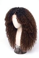 Kinky Curly Layered Glueless Human Hair Wig in Shade T1B/4 Noire Melt, Off Black to Chocolate Brown Balayage, by Kora Strand