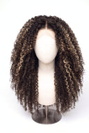 Kinky Curly Layered Glueless Human Hair Wig in Shade T2-2/18 Espresso Halo, Dark Brown to Warm Beige Blonde Balayage, by Kora Strand