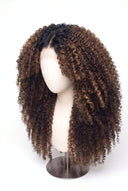 Kinky Curly Layered Glueless Human Hair Wig in Shade T2-2/4/6 Brun Tissé, Multi-Tonal Brunette Highlights and Lowlights, by Kora Strand
