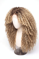 Kinky Curly Layered Glueless Human Hair Wig in Shade T4-8/613 Rooted Ivory, Brown-Rooted Blonde Balayage, by Kora Strand