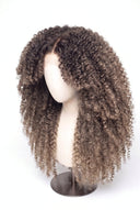 Kinky Curly Layered Glueless Human Hair Wig in Shade T5-9/55 Stone Melt, Rooted Ash Brown to Light Ash Blonde Balayage, by Kora Strand