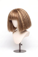 Kinky Straight Bob Fringe Glueless Human Hair Wig in Shade 6/27 Honeywood, Light Brown and Honey Blonde Highlights and Lowlights, by Kora Strand