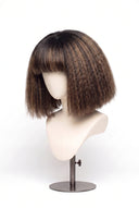 Kinky Straight Bob Fringe Glueless Human Hair Wig in Shade T2-2/4/6 Brun Tissé, Multi-Tonal Brunette Highlights and Lowlights, by Kora Strand