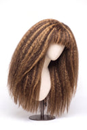 Kinky Straight Fringe Glueless Human Hair Wig in Shade 4/27 Riviera Brun, Medium Brown and Honey Blonde Highlights and Lowlights, by Kora Strand
