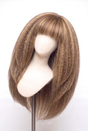 Kinky Straight Fringe Layered Glueless Human Hair Wig in Shade 6/27 Honeywood, Light Brown and Honey Blonde Highlights and Lowlights, by Kora Strand