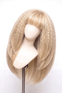 Kinky Straight Fringe Layered Glueless Human Hair Wig in Shade 613/27 Golden Cream, Light and Honey Blonde Highlights and Lowlights, by Kora Strand