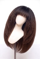Kinky Straight Fringe Layered Glueless Human Hair Wig in Shade T1B/4 Noire Melt, Off Black to Chocolate Brown Balayage, by Kora Strand