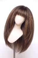 Kinky Straight Fringe Layered Glueless Human Hair Wig in Shade T2-2/4/6 Brun Tissé, Multi-Tonal Brunette Highlights and Lowlights, by Kora Strand