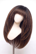 Kinky Straight Fringe Layered Glueless Human Hair Wig in Shade T2-2/4 Cocoa Melt, Dark to Medium Brown Highlights and Lowlights, by Kora Strand