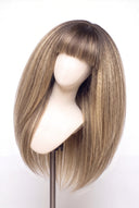 Kinky Straight Fringe Layered Glueless Human Hair Wig in Shade T4-8/613 Rooted Ivory, Brown-Rooted Blonde Balayage, by Kora Strand
