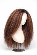 Kinky Straight Glueless Human Hair Wig in Shade 4/30 Toasted Amber, Medium Brown and Auburn Copper Highlights and Lowlights, by Kora Strand