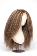 Kinky Straight Glueless Human Hair Wig in Shade 6/27 Honeywood, Light Brown and Honey Blonde Highlights and Lowlights, by Kora Strand