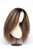 Kinky Straight Glueless Human Hair Wig in Shade T2-2/18 Espresso Halo, Dark Brown to Warm Beige Blonde Balayage, by Kora Strand