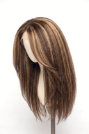 Kinky Straight Layered Glueless Human Hair Wig in Shade 4/27 Riviera Brun, Medium Brown and Honey Blonde Highlights and Lowlights, by Kora Strand