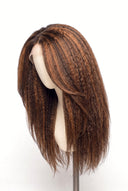 Kinky Straight Layered Glueless Human Hair Wig in Shade 4/30 Toasted Amber, Medium Brown and Auburn Copper Highlights and Lowlights, by Kora Strand