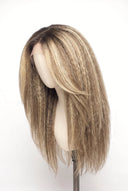 Kinky Straight Layered Glueless Human Hair Wig in Shade T4-8/613 Rooted Ivory, Brown-Rooted Blonde Balayage, by Kora Strand