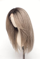 Kinky Straight Layered Glueless Human Hair Wig in Shade T5-9/55 Stone Melt, Rooted Ash Brown to Light Ash Blonde Balayage, by Kora Strand