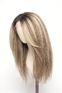 Kinky Straight Layered Glueless Human Hair Wig in Shade T8-8/60 Vanilla Drift, Butter and Icy Blonde Highlights and Lowlights, by Kora Strand
