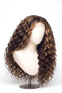 Loose Wave Glueless Human Hair Wig in Shade 4/27 Riviera Brun, Medium Brown and Honey Blonde Highlights and Lowlights, by Kora Strand