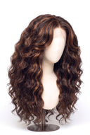 Loose Wave Layered Glueless Human Hair Wig in Shade 4/30 Toasted Amber, Medium Brown and Auburn Copper Highlights and Lowlights, by Kora Strand
