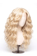 Loose Wave Layered Glueless Human Hair Wig in Shade 613 Porcelain Gold, Neutral Warm Bleach Blonde, by Kora Strand