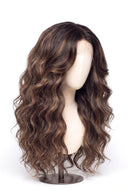 Loose Wave Layered Glueless Human Hair Wig in Shade T2-2/4/6 Brun Tissé, Multi-Tonal Brunette Highlights and Lowlights, by Kora Strand