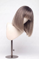 Silk Straight Bob Fringe Glueless Human Hair Wig in Shade T5-9/55 Stone Melt, Rooted Ash Brown to Light Ash Blonde Balayage, by Kora Strand