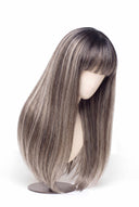Silk Straight Fringe Glueless Human Hair Wig in Shade T5-5/55 Ash Halo, Rooted Ash Brown with Light Ash Blonde Highlights, by Kora Strand