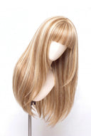 Silk Straight Fringe Layered Glueless Human Hair Wig in Shade 613/27 Golden Cream, Light and Honey Blonde Highlights and Lowlights, by Kora Strand