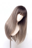 Silk Straight Fringe Layered Glueless Human Hair Wig in Shade T5-9/55 Stone Melt, Rooted Ash Brown to Light Ash Blonde Balayage, by Kora Strand