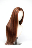 Silk Straight Glueless Human Hair Wig in Shade 4/30 Toasted Amber, Medium Brown and Auburn Copper Highlights and Lowlights, by Kora Strand