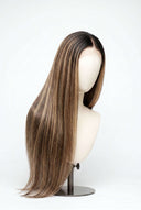 Silk Straight Glueless Human Hair Wig in Shade T2-2/18 Espresso Halo, Dark Brown to Warm Beige Blonde Balayage, by Kora Strand