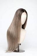 Silk Straight Glueless Human Hair Wig in Shade T5/20 Mink Root, Rooted Ash Brown to Ash Blonde Balayage, by Kora Strand