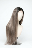 Silk Straight Glueless Human Hair Wig in Shade T5-5/55 Ash Halo, Rooted Ash Brown with Light Ash Blonde Highlights, by Kora Strand