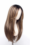 Silk Straight Layered Glueless Human Hair Wig in Shade T2-2/18 Espresso Halo, Dark Brown to Warm Beige Blonde Balayage, by Kora Strand