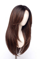 Silk Straight Layered Glueless Human Hair Wig in Shade T2-2/4 Cocoa Melt, Dark to Medium Brown Highlights and Lowlights, by Kora Strand
