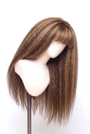 Yaki Straight Fringe Glueless Human Hair Wig in Shade 4/27 Riviera Brun, Medium Brown and Honey Blonde Highlights and Lowlights, by Kora Strand