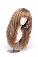 Yaki Straight Fringe Layered Glueless Human Hair Wig in Shade 6/27 Honeywood, Light Brown and Honey Blonde Highlights and Lowlights, by Kora Strand