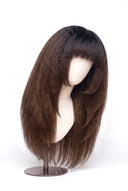 Yaki Straight Fringe Layered Glueless Human Hair Wig in Shade T1B/4 Noire Melt, Off Black to Chocolate Brown Balayage, by Kora Strand