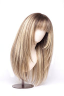 Yaki Straight Fringe Layered Glueless Human Hair Wig in Shade T4-8/613 Rooted Ivory, Brown-Rooted Blonde Balayage, by Kora Strand